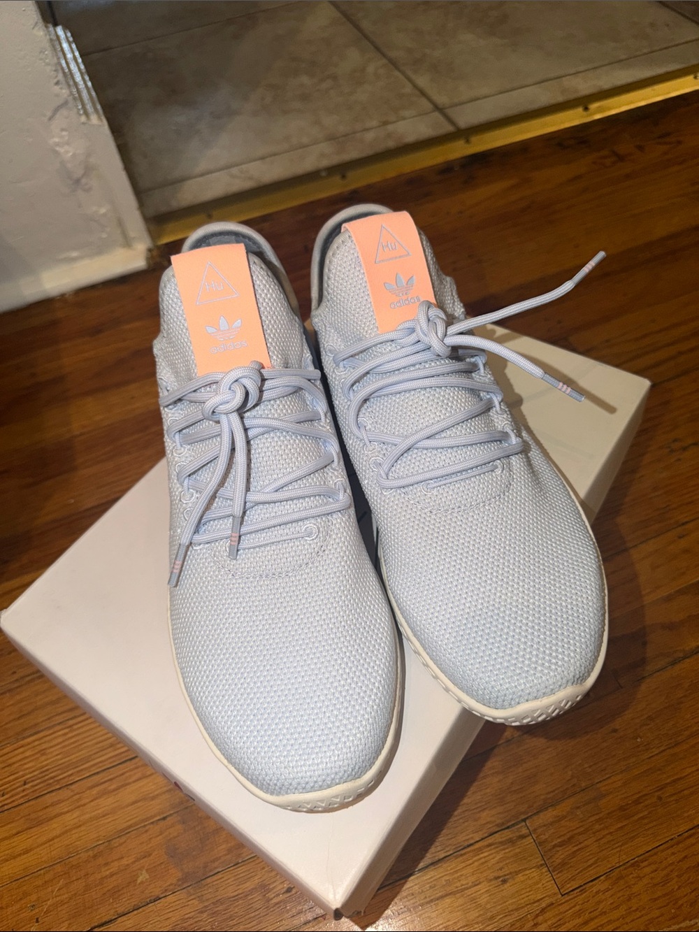 adidas women’s Light Blue Knit Sneakers with Coral Tongue